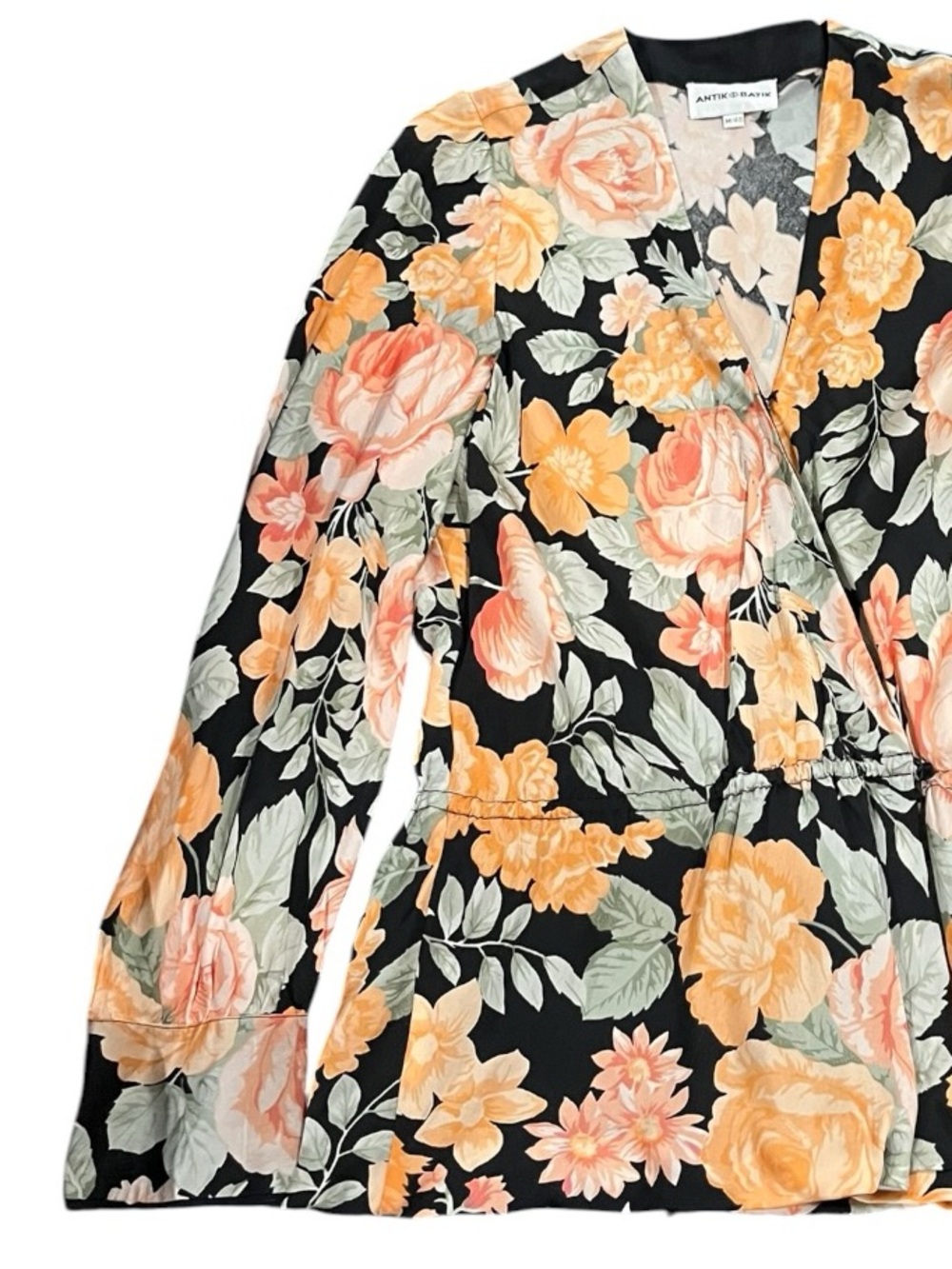 Antik Batik Black Floral Wrap Shirt with Peach and Yellow Roses M / 40